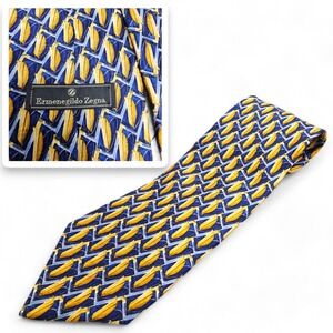 Ermenegildo Zegna‎ Exclusive Design Tie Blue Gold Geometric Silk Made in Italy